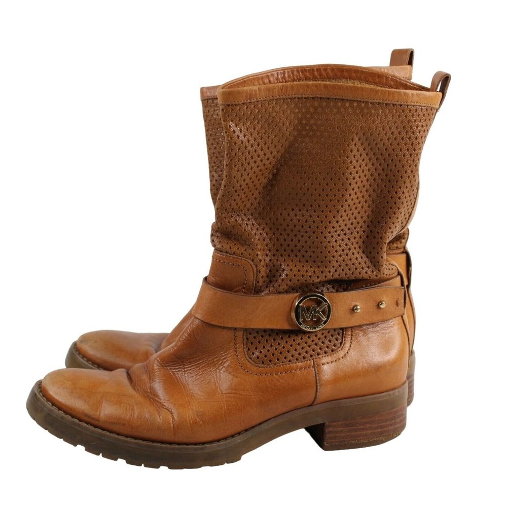 Michael Kors Womens Sz 7.5 Daria Luggage MK Logo Perforated Brown Leather Boots - Picture 5 of 10
